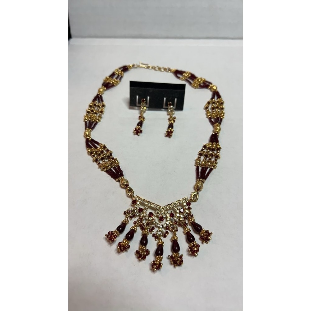Vintage Gold-Tone and Red Beaded Necklace and Earring Set